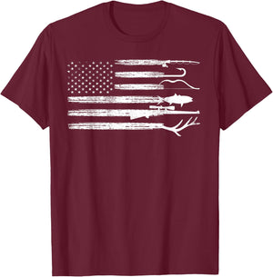 Fishing Flag Deer Buck Camoflage Hunting Fishing T-Shirt - T-Shirt | Maroon