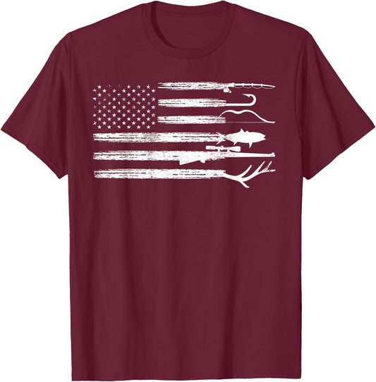Fishing Flag Deer Buck Camoflage Hunting Fishing T-Shirt - T-Shirt | Maroon