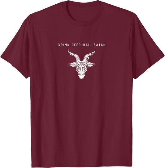 Drink Beer Hail Satan Baphomet - Minimalist Pentagram Satan T-Shirt - T-Shirt | Maroon