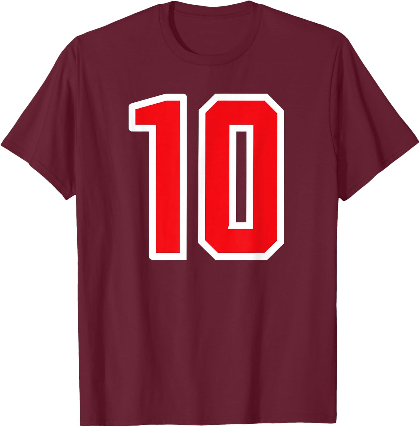Number 10 White Red Varsity Sports Team T-Shirt - T-Shirt | Maroon