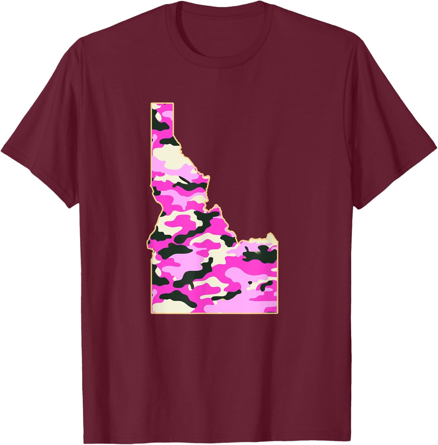 Camo pink IDAHO State Map - Camouflaged map of Idaho ID T-Shirt - T-Shirt | Maroon
