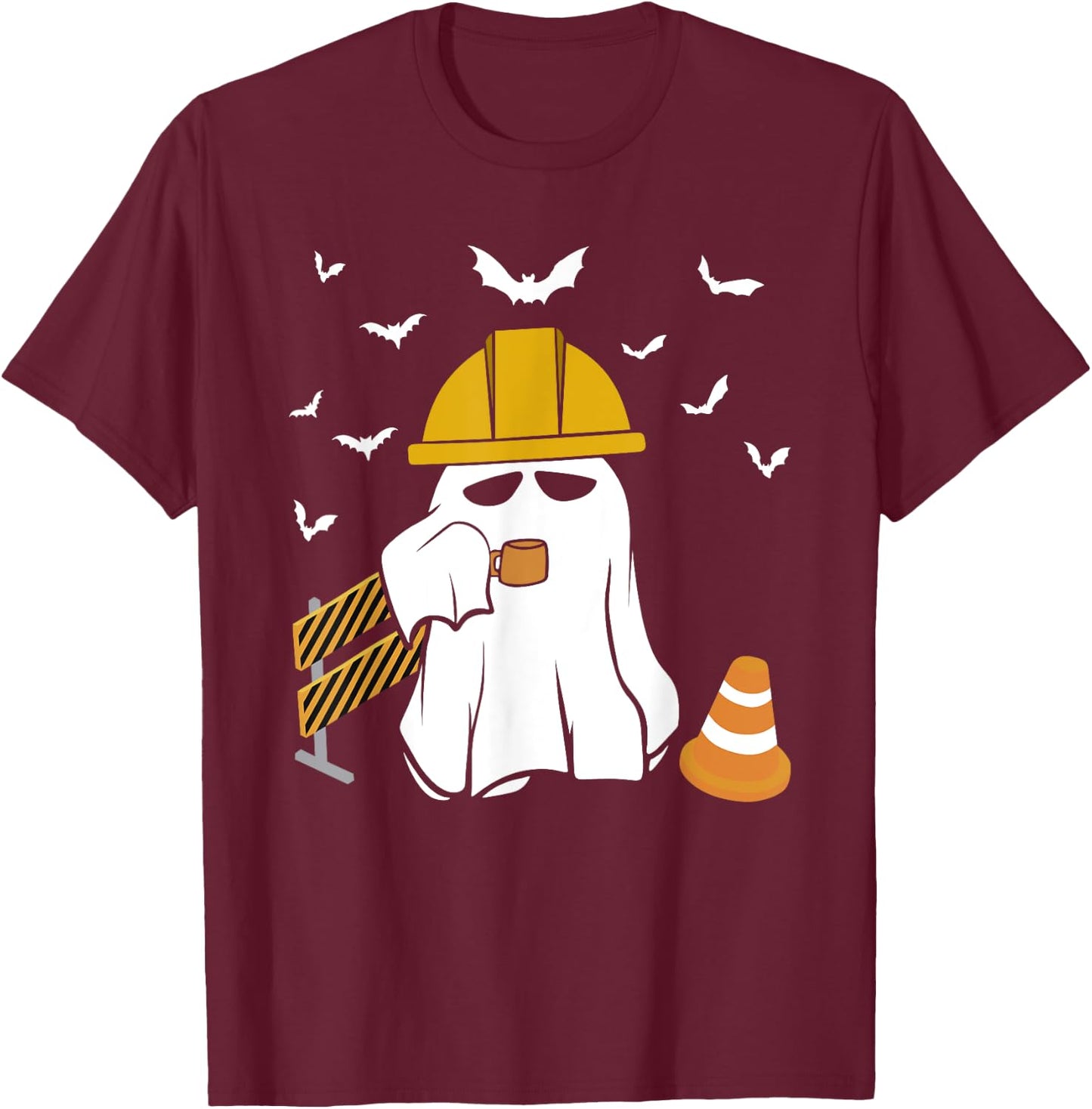 Funny Ghost Drink Coffee Halloween Construction Worker T-Shirt - T-Shirt | Maroon