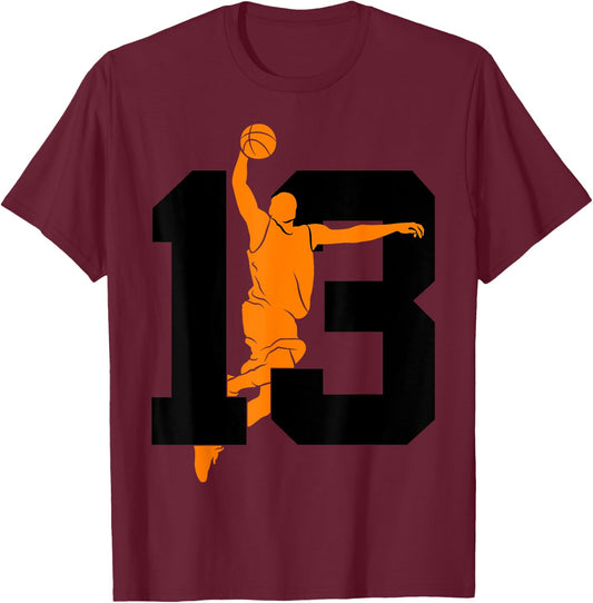 Number 13 Years Basketball 13th Birthday T-Shirt - T-Shirt | Maroon