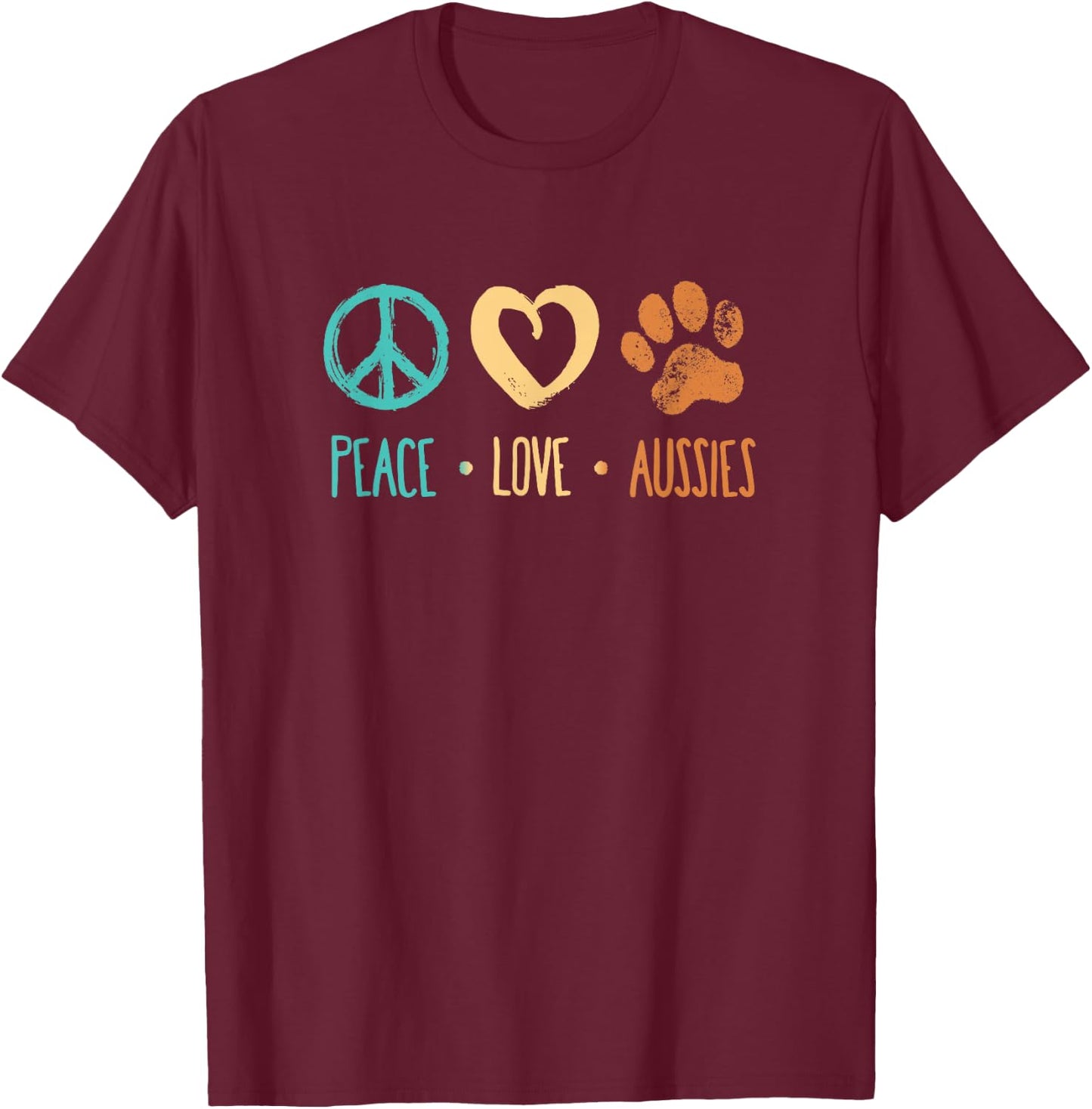 Peace Love Aussies Paw Print Retro Dog Lover T-Shirt - T-Shirt | Maroon