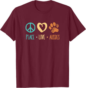 Peace Love Aussies Paw Print Retro Dog Lover T-Shirt - T-Shirt | Maroon