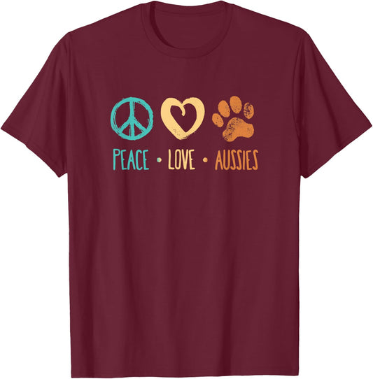 Peace Love Aussies Paw Print Retro Dog Lover T-Shirt - T-Shirt | Maroon