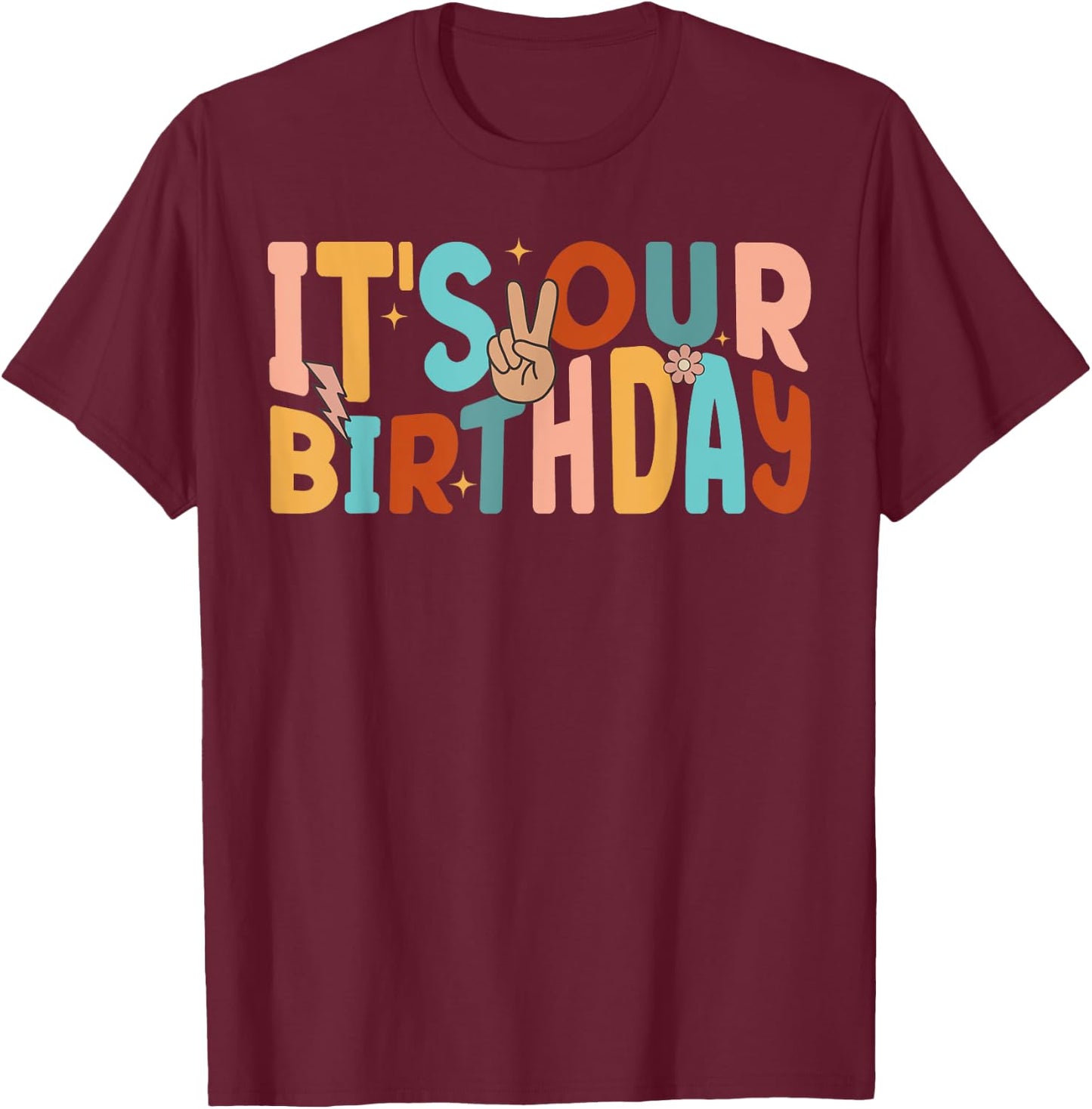 It's Our Birthday Twins Matching Girl's Women's Groovy Retro T-Shirt - T-Shirt | Maroon