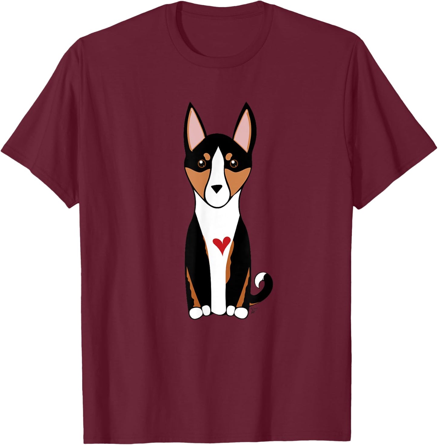 Tricolor Basenji Dog - Hound Breed - with a red heart T-Shirt - T-Shirt | Maroon