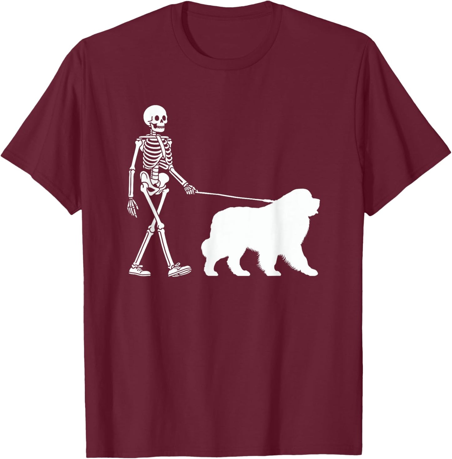 Skeleton Walking a Newfoundland Dog Halloween Outfit Men Women Kids T-Shirt - T-Shirt | Maroon