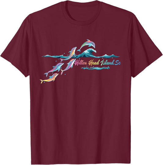 Hilton Head Island South Carolina Colorful Dolphin Lover T-Shirt - T-Shirt | Maroon