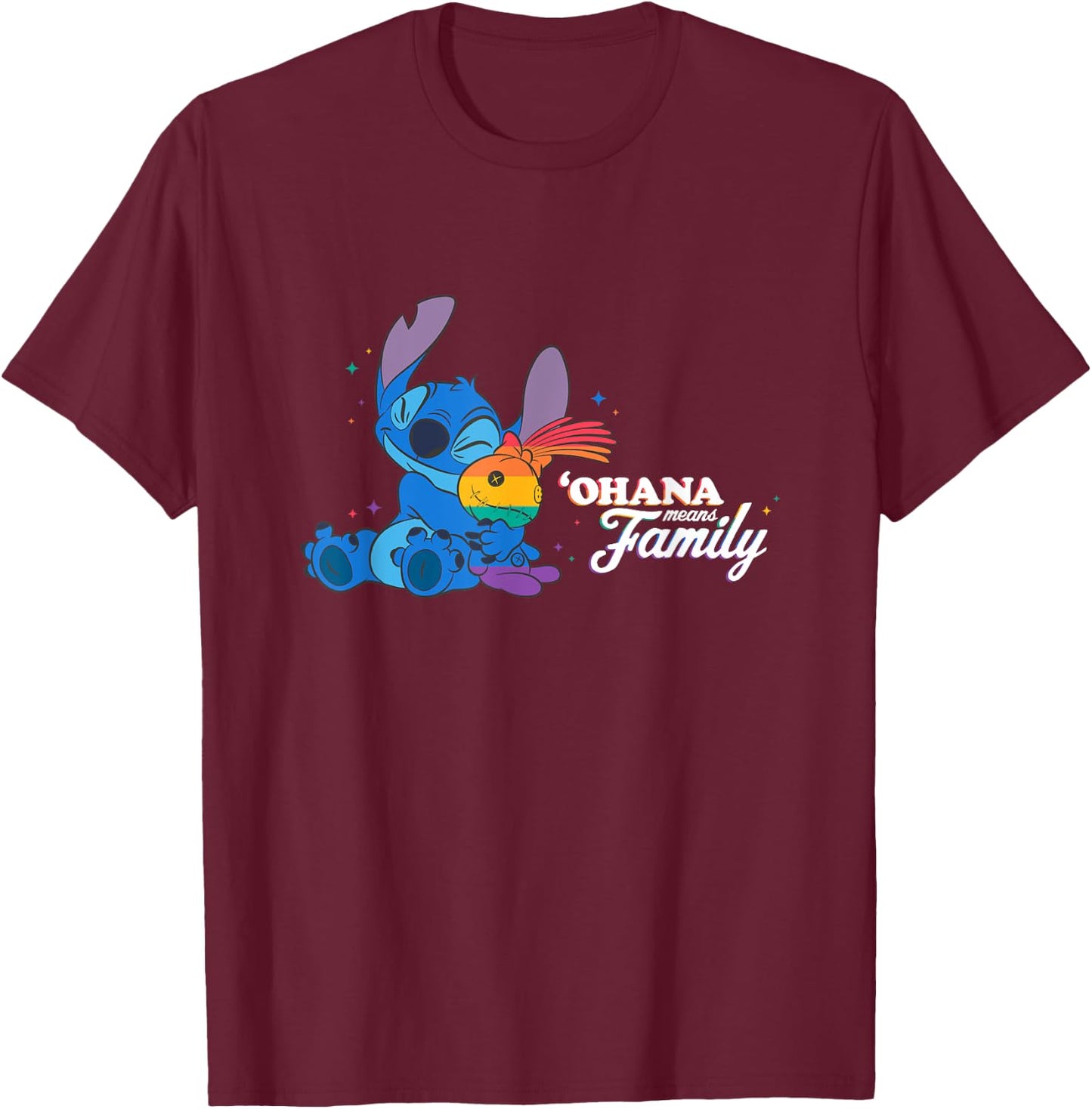 Disney Lilo & Stitch Ohana Means Family Rainbow Scrump T-Shirt - T-Shirt | Maroon