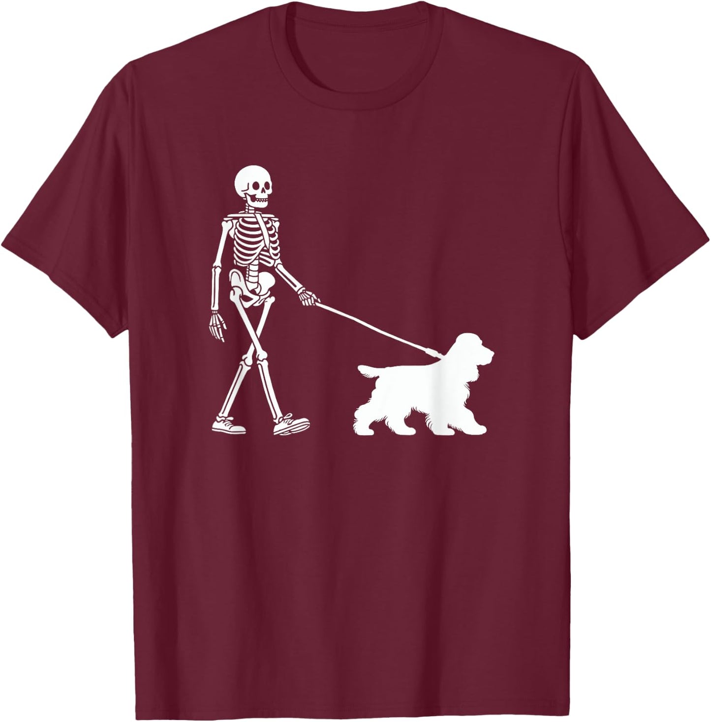 Skeleton Walking a Dog Cocker Spaniel Halloween Outfit T-Shirt - T-Shirt | Maroon