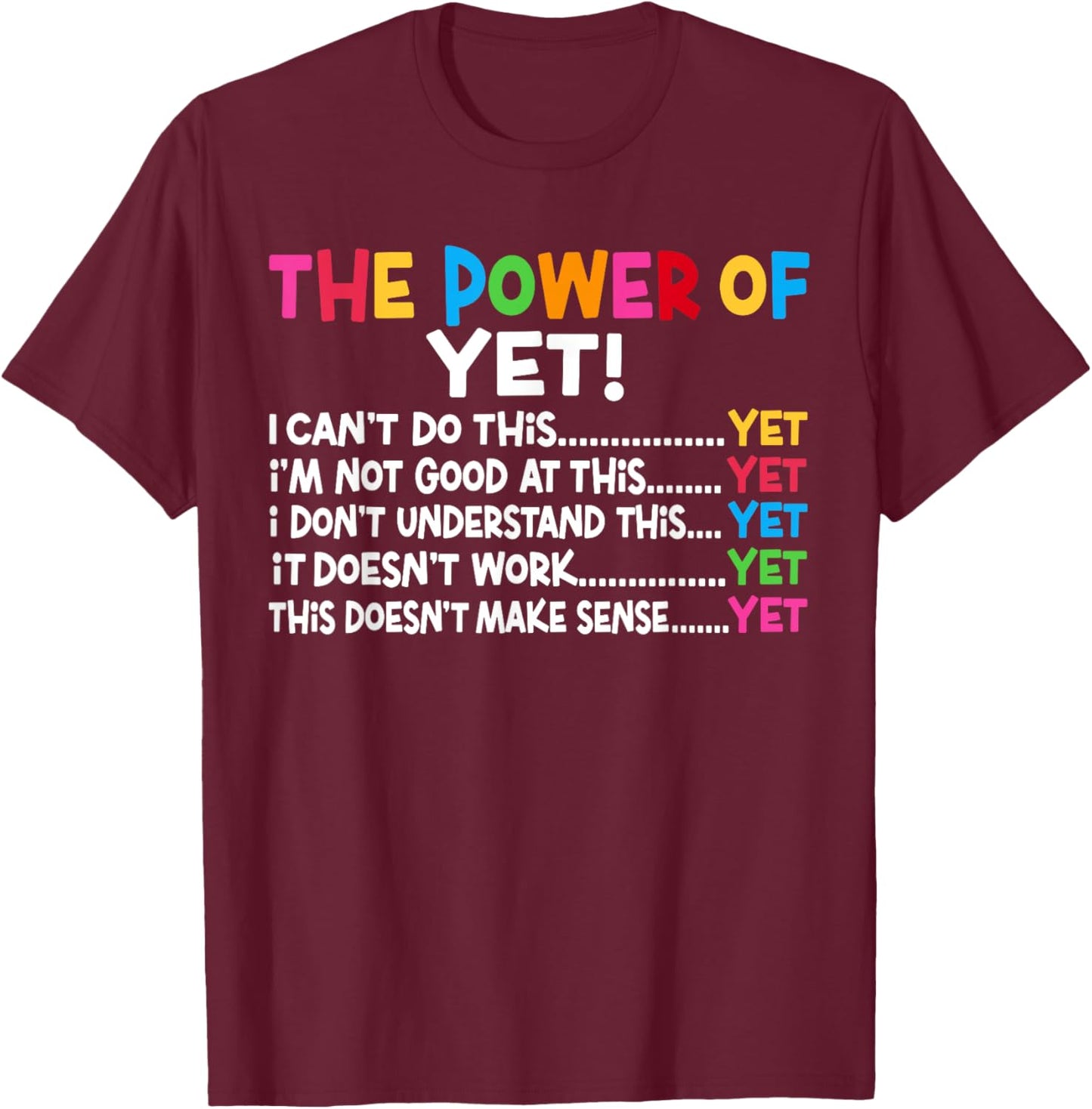 Growth Mindset Teacher Power Of Yet Inspirational T-Shirt - T-Shirt | Maroon