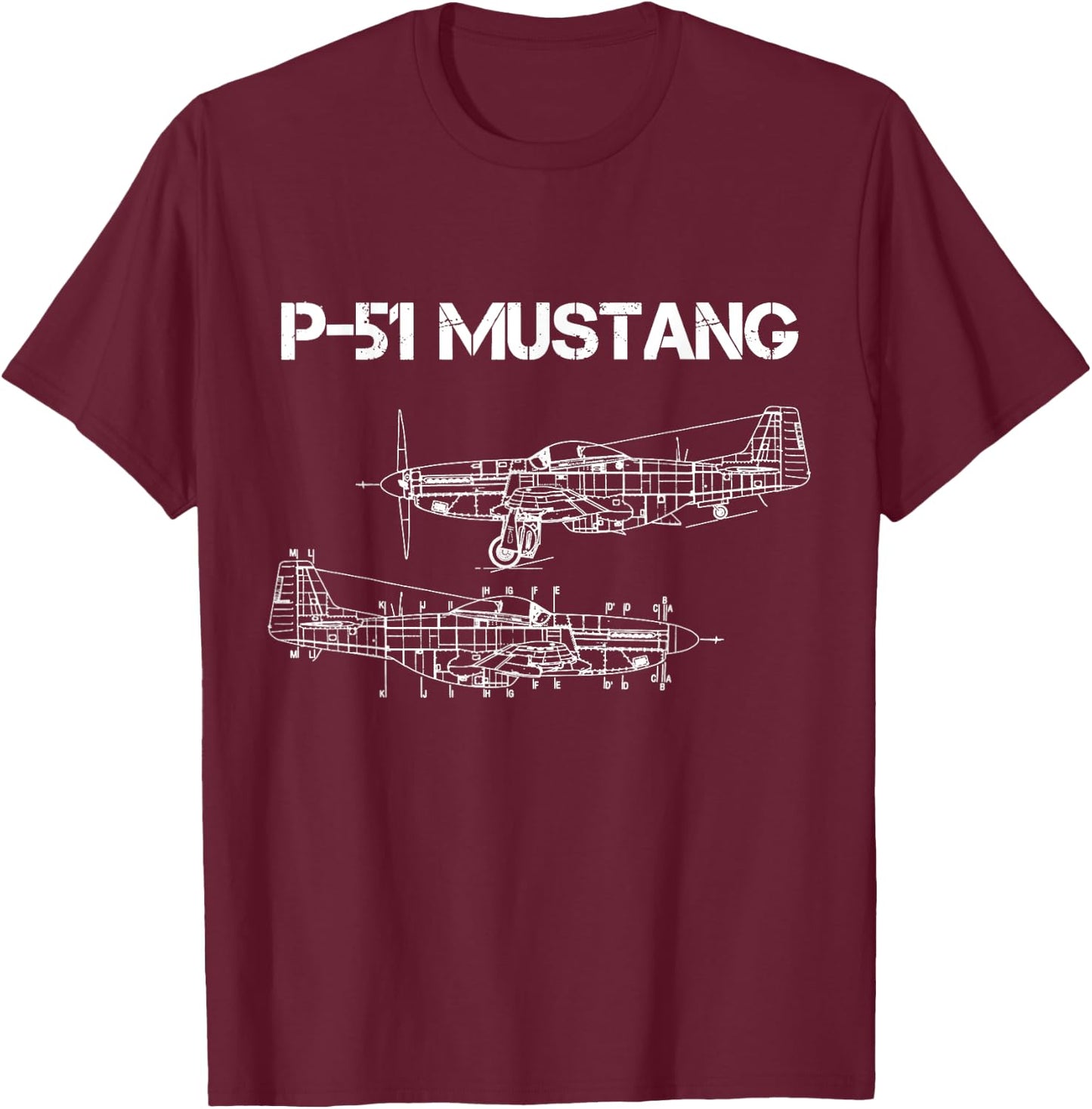 North American P-51 Mustang WW2 Fighter Blueprint T-Shirt - T-Shirt | Maroon