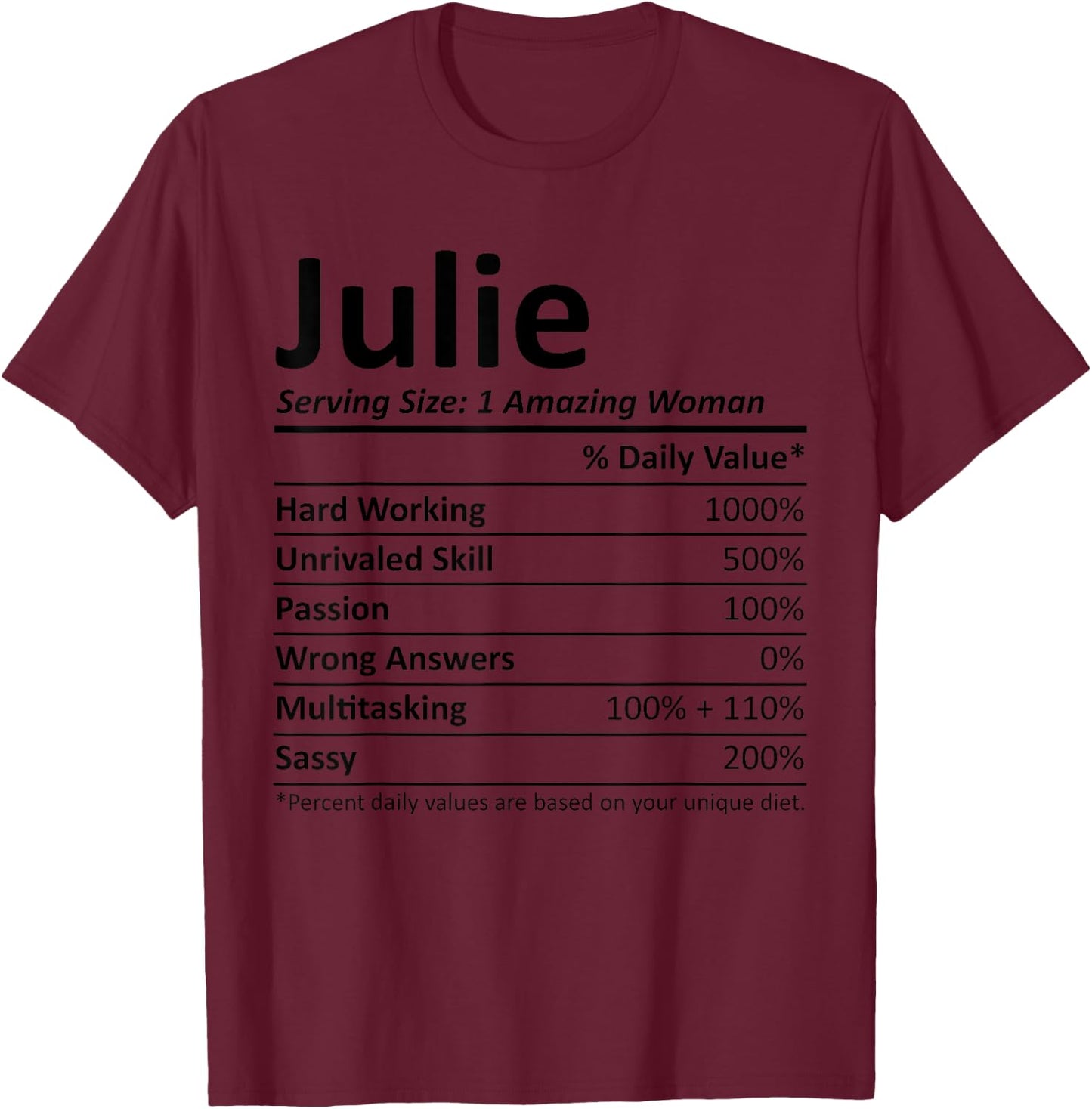 JULIE Nutrition Personalized Name Funny Christmas Gift T-Shirt - T-Shirt | Maroon