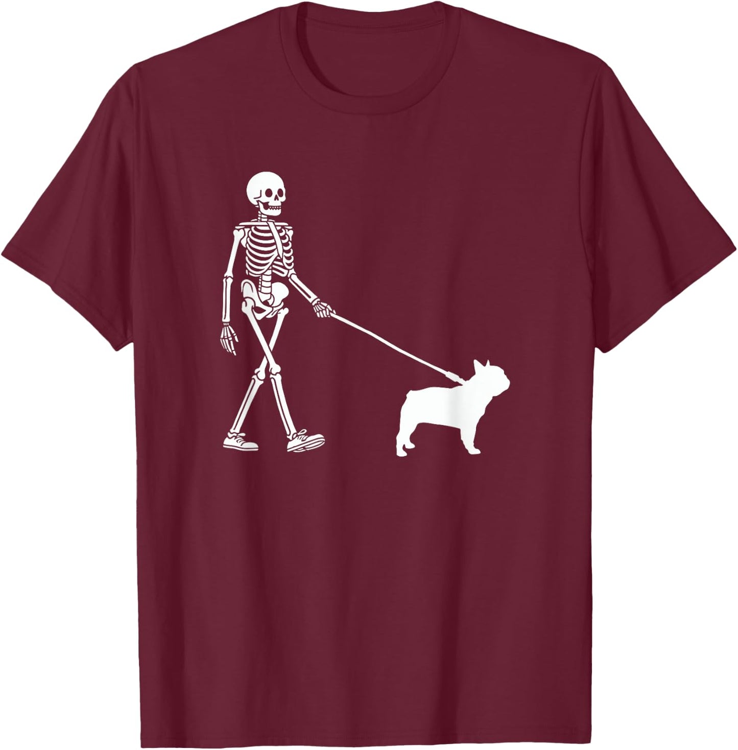 Skeleton Walking a Dog French Bulldog Halloween Outfit T-Shirt - T-Shirt | Maroon