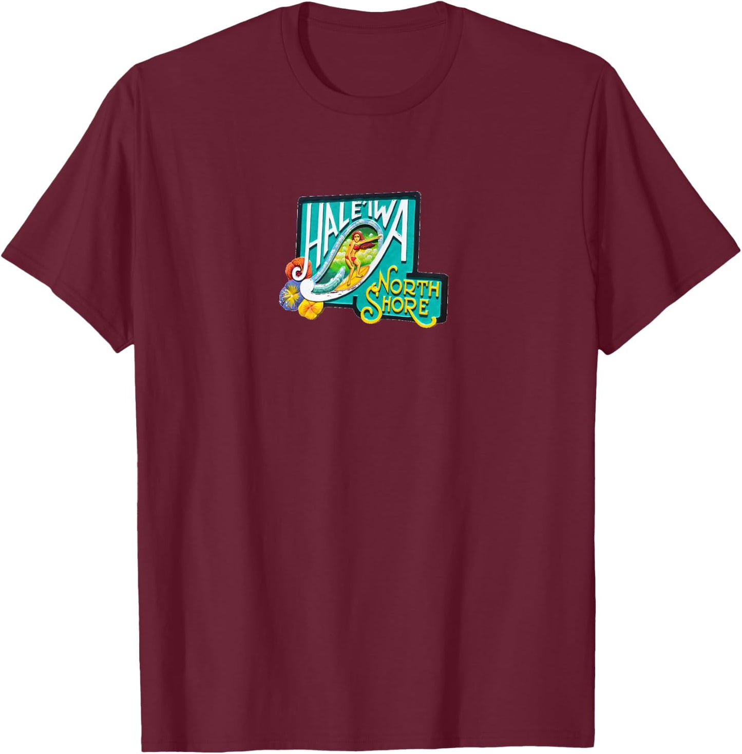 Hawaii Haleiwa Sign Surf Girl T-Shirt - T-Shirt | Maroon