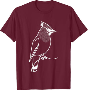 Line Art Bird & Ornithologist Cedar Waxwing T-Shirt - T-Shirt | Maroon
