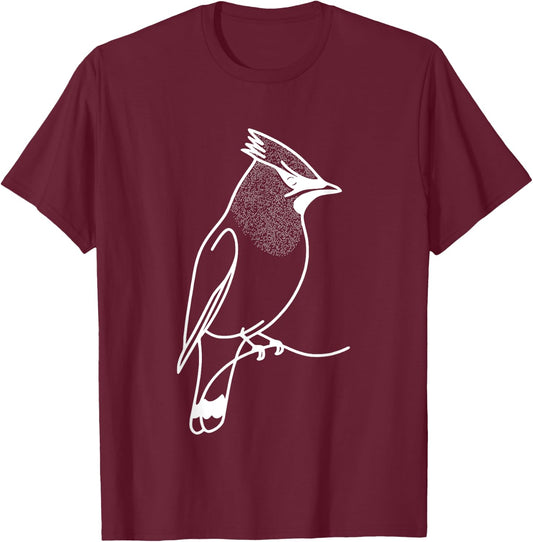 Line Art Bird & Ornithologist Cedar Waxwing T-Shirt - T-Shirt | Maroon