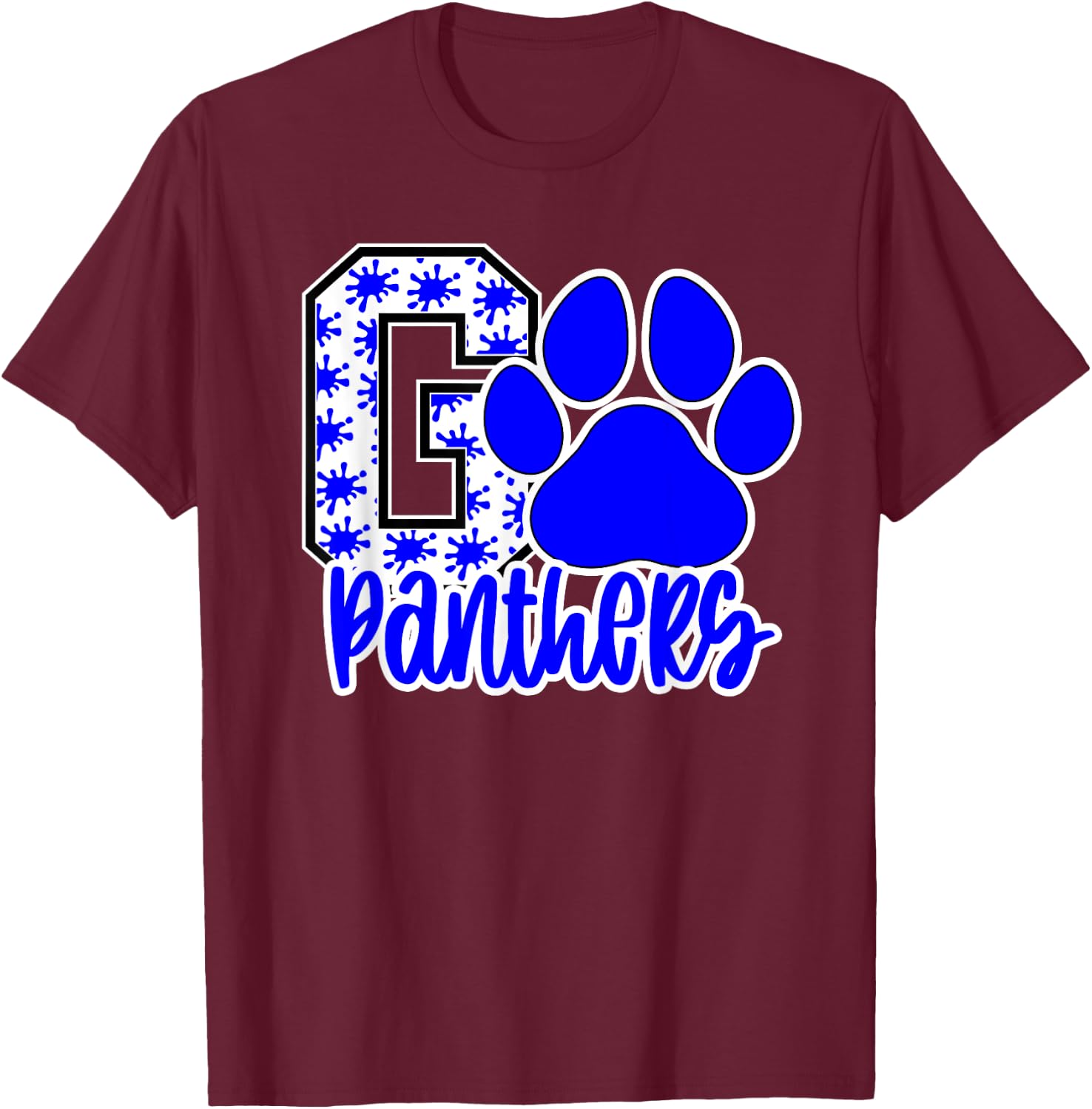 Go Panthers Splatter Blue White Panther Pride School Spirit T-Shirt - T-Shirt | Maroon