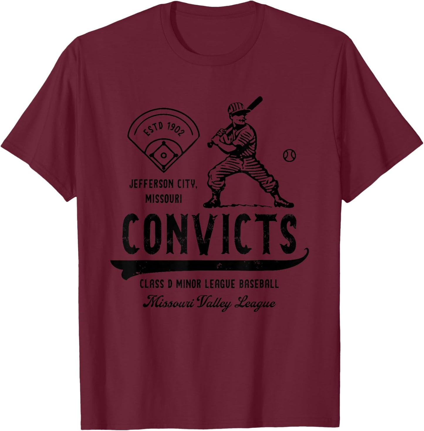 Jefferson City Convicts Missouri Vintage Defunct Baseball T-Shirt - T-Shirt | Maroon