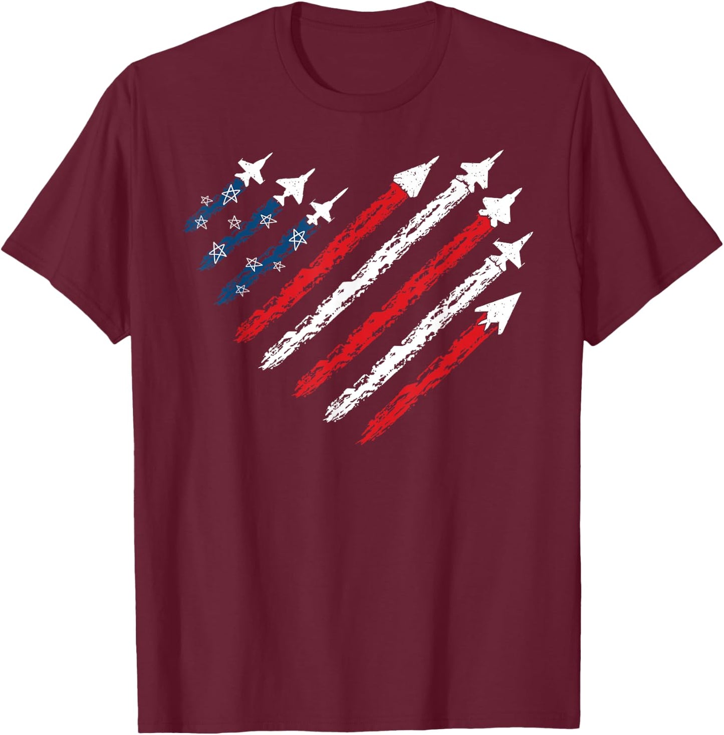 Retro Fighter Jet Airplane American Flag Heart 4th Of July T-Shirt - T-Shirt | Maroon