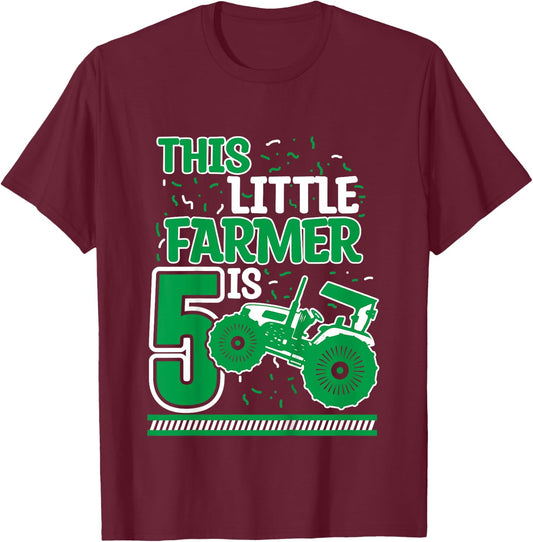 Kids 5 Years Old Boy Tractor Little Farmer 5th Birthday Kids T-Shirt - T-Shirt | Maroon