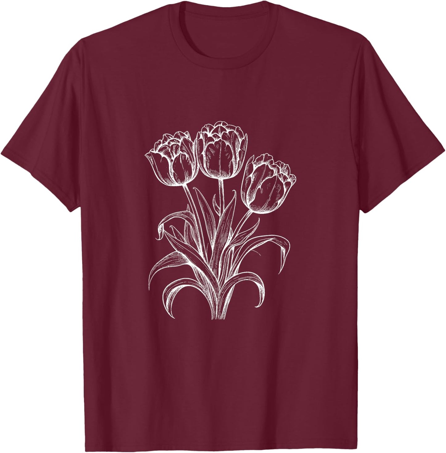Tulips Lover On Black And White Tulip Flower Simple Arts T-Shirt - T-Shirt | Maroon