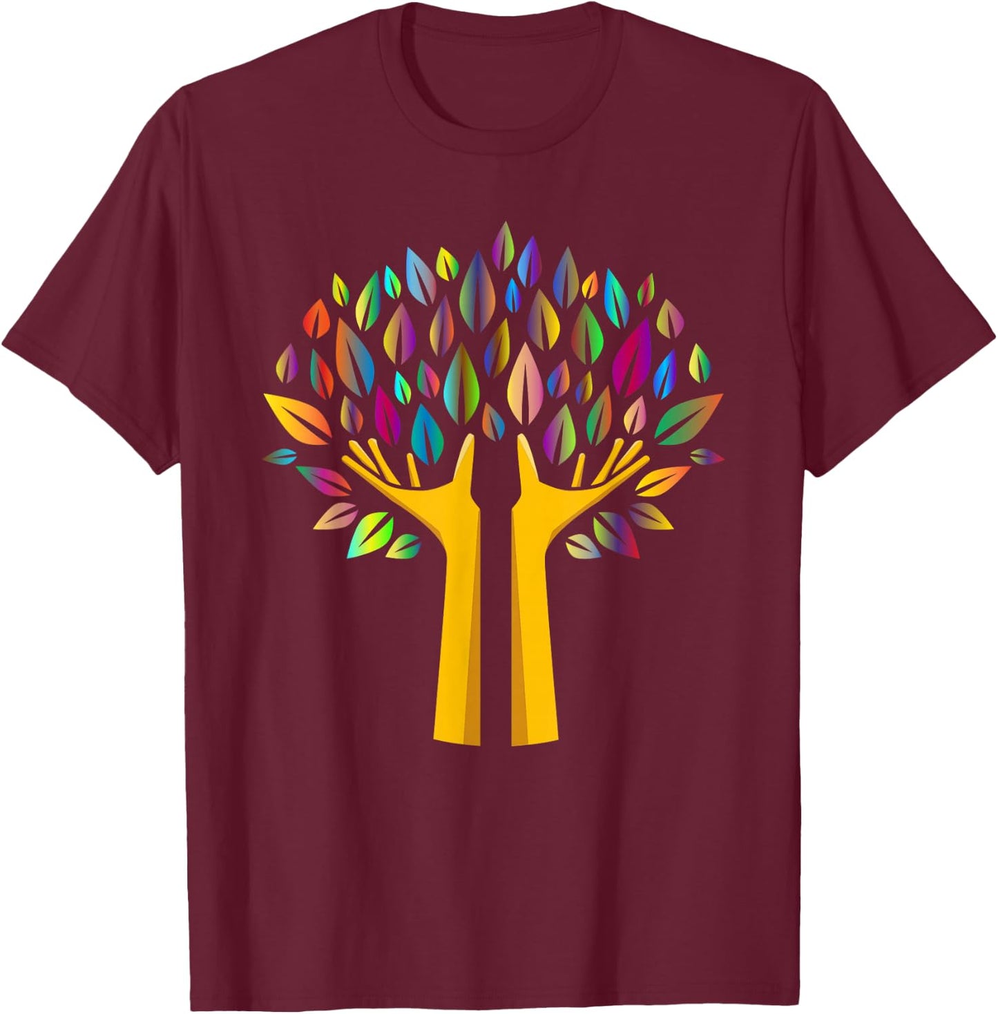 Ecology Tree in Hands with Rainbow Leaves T-Shirt - T-Shirt | Maroon