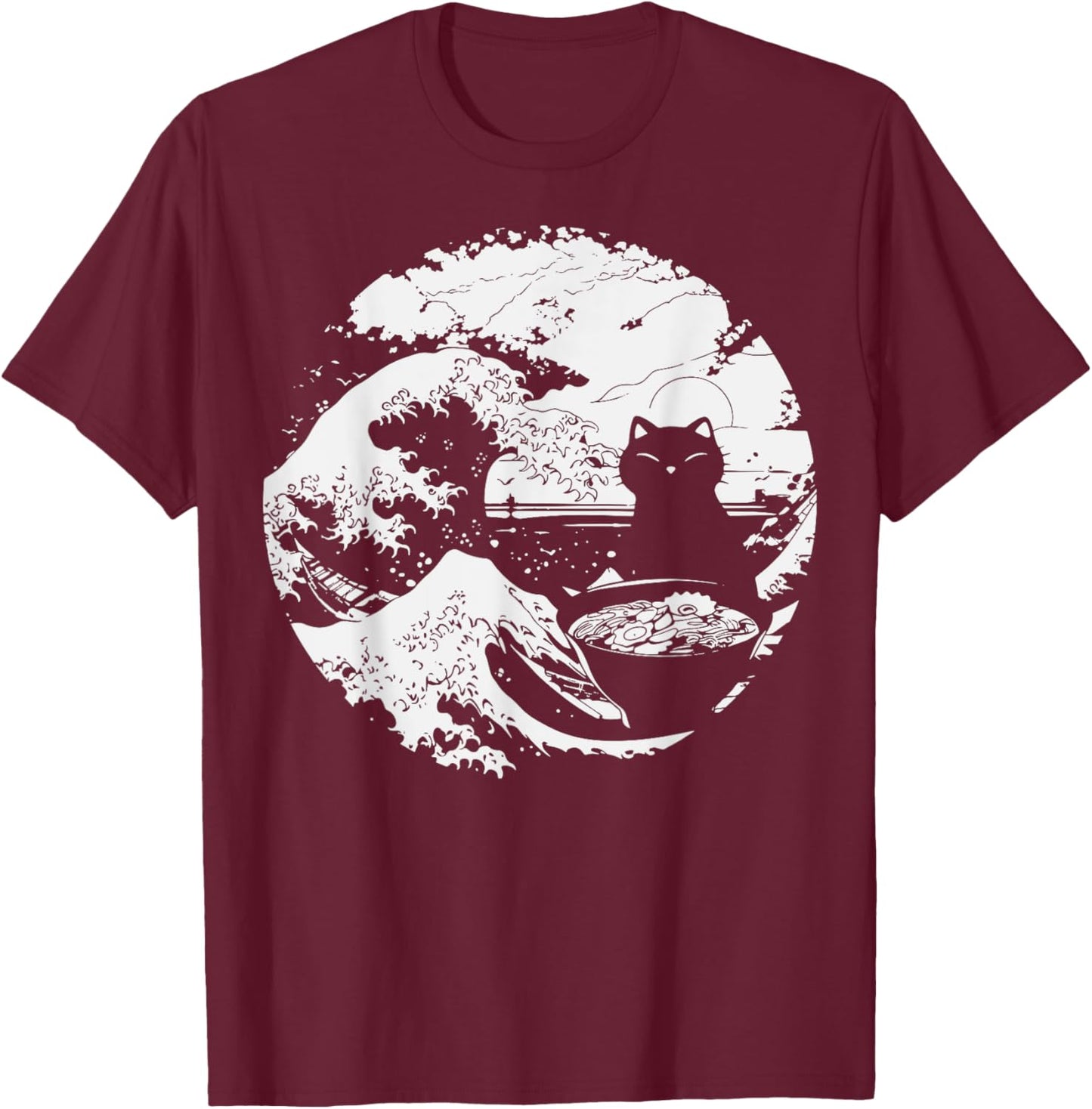 Anime Cat Eating Ramen Japanese Ramen Cat Japan T-Shirt - T-Shirt | Maroon