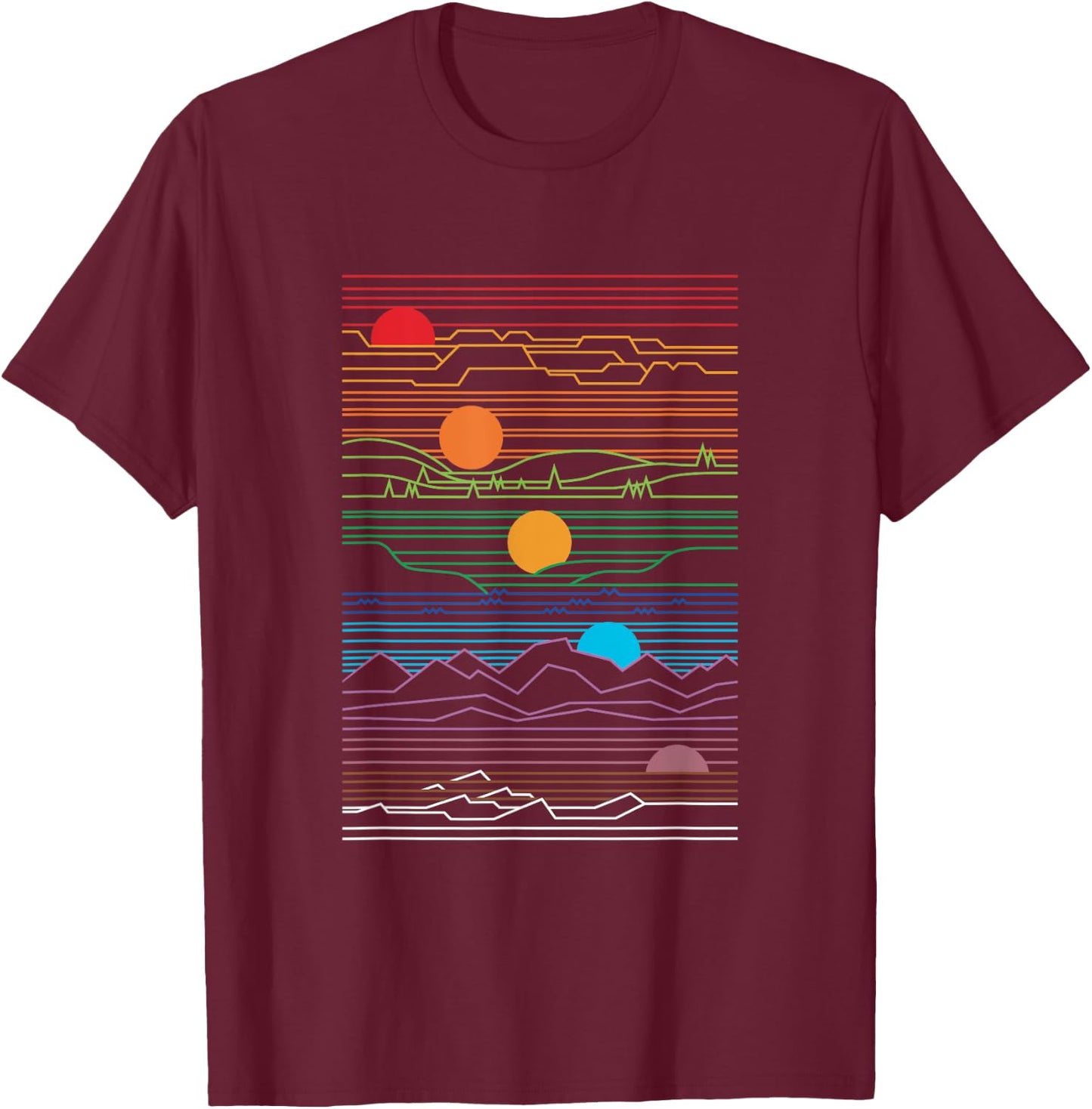 Sun and moon design with trees and mountains T-Shirt - T-Shirt | Maroon