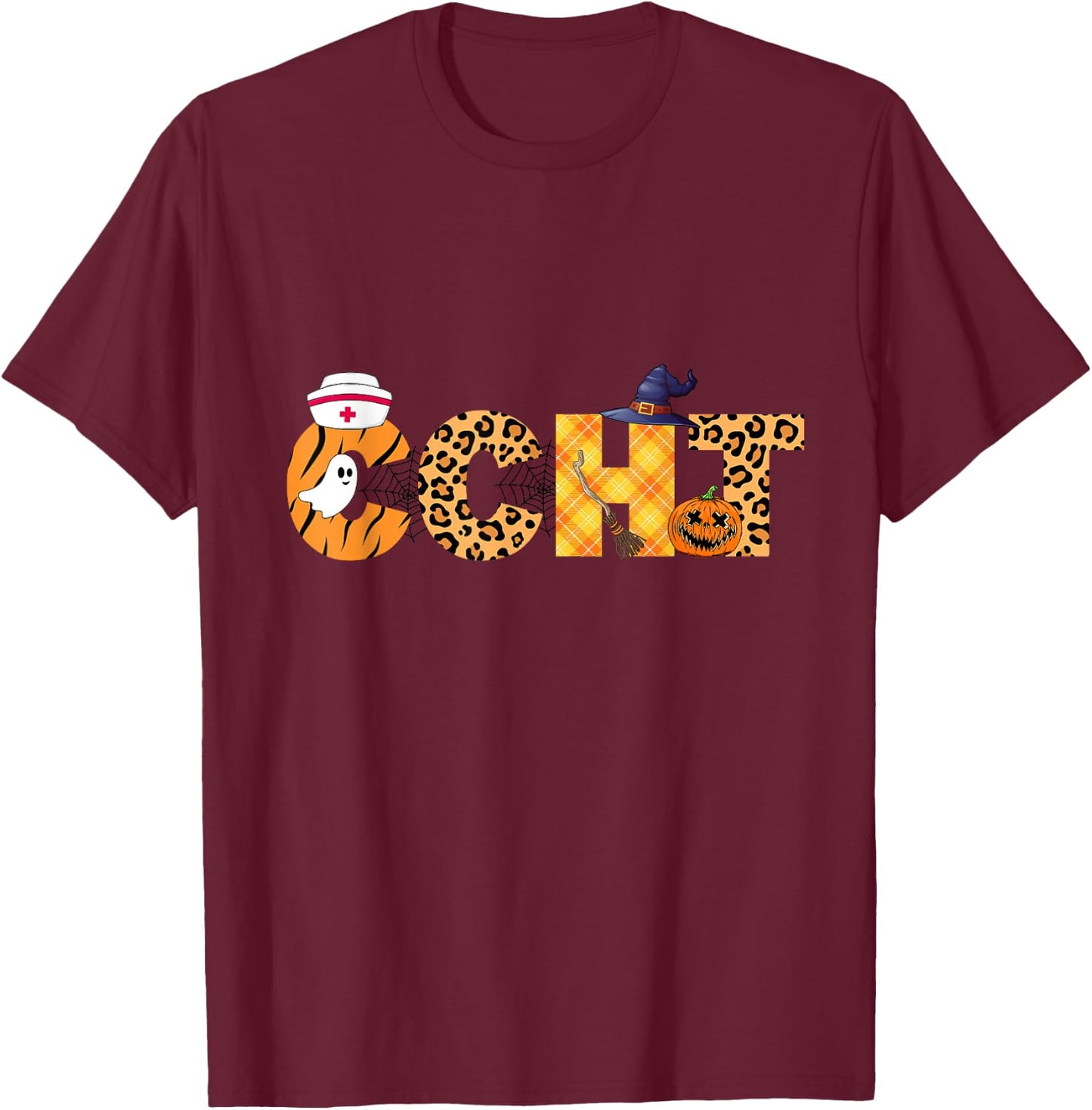 Leopard Ghost CCHT Halloween Costume Fall Scrub Top Women T-Shirt - T-Shirt | Maroon