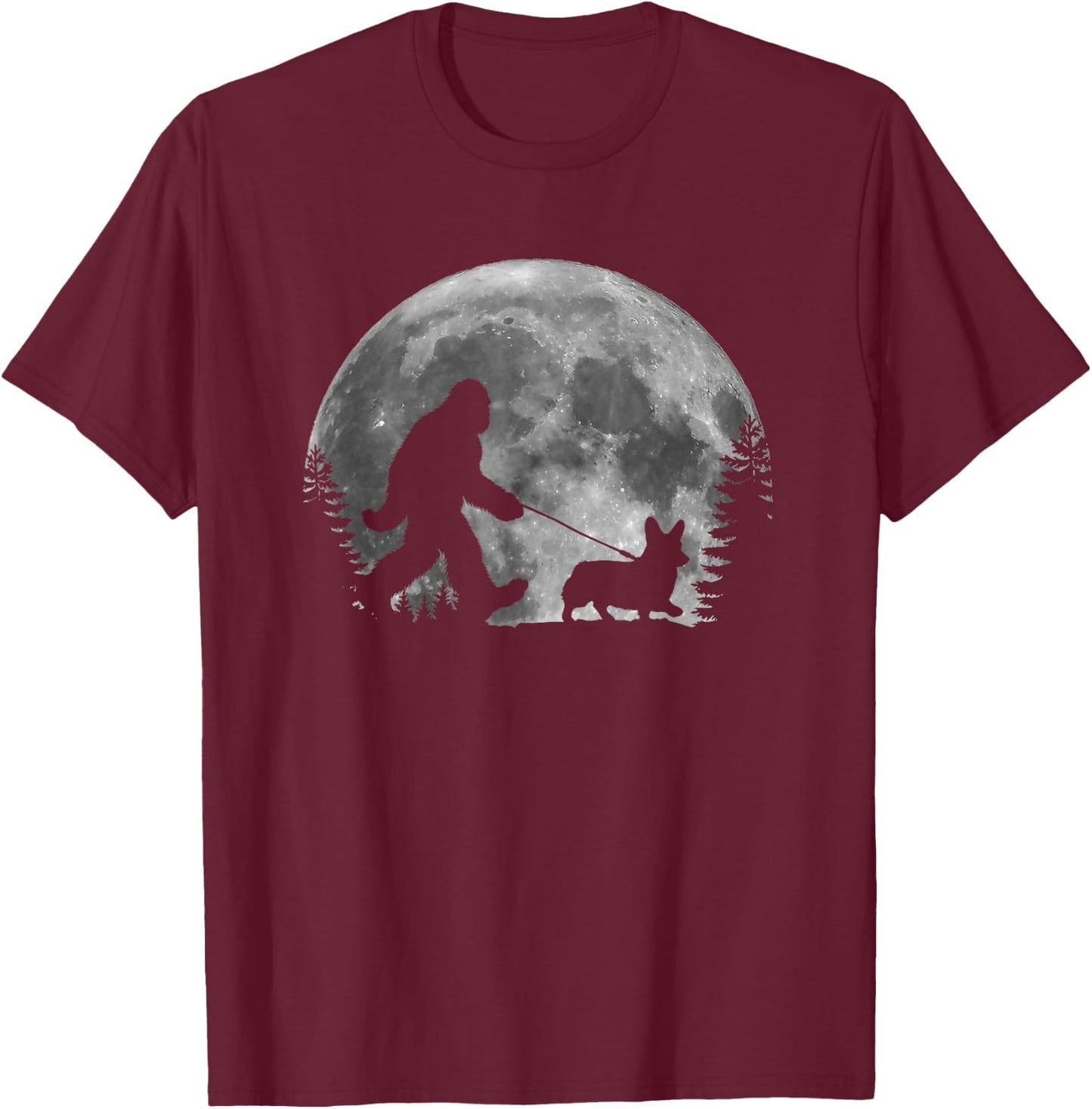 Bigfoot Walking a Dog Funny Corgi Lovers Moon Halloween T-Shirt - T-Shirt | Maroon