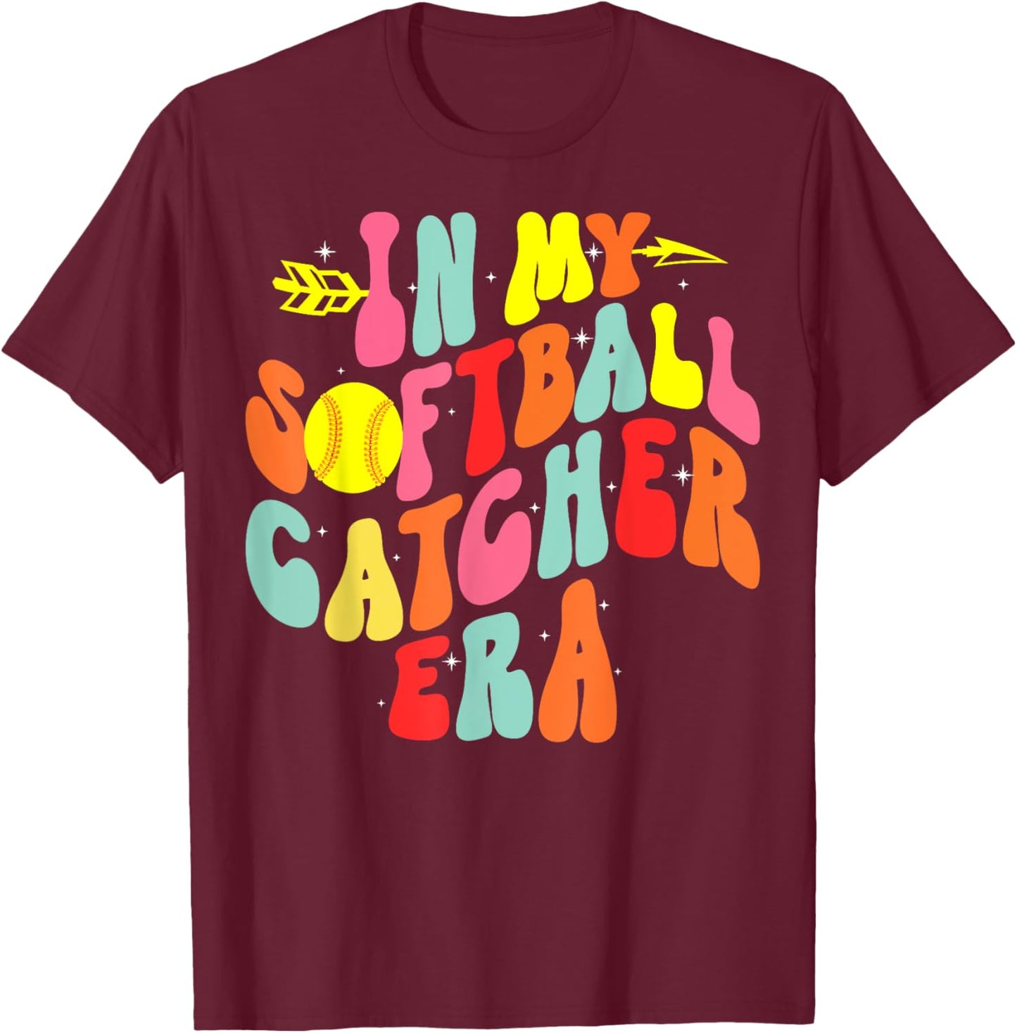 In My Softball Catcher Era Groovy Softball Player Game Day T-Shirt - T-Shirt | Maroon