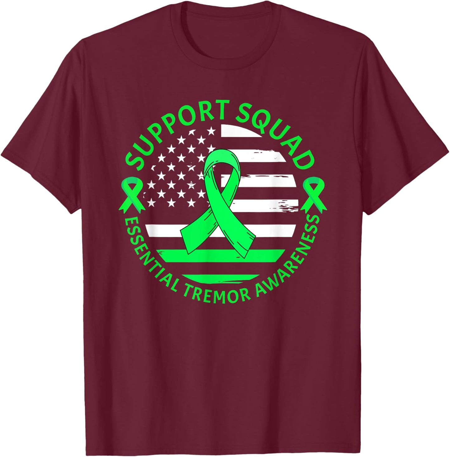 Essential Tremor Support Squad Warrior Green Ribbon USA Flag T-Shirt - T-Shirt | Maroon