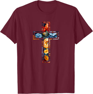 Elegant Silhouette Flowers Faith Floral Christian Cross T-Shirt - T-Shirt | Maroon