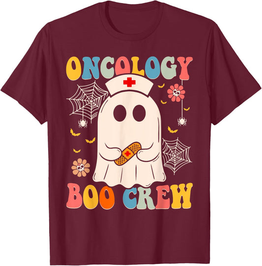Groovy Oncology Boo Crew Nurse Funny Ghost Halloween Nurse T-Shirt - T-Shirt | Maroon
