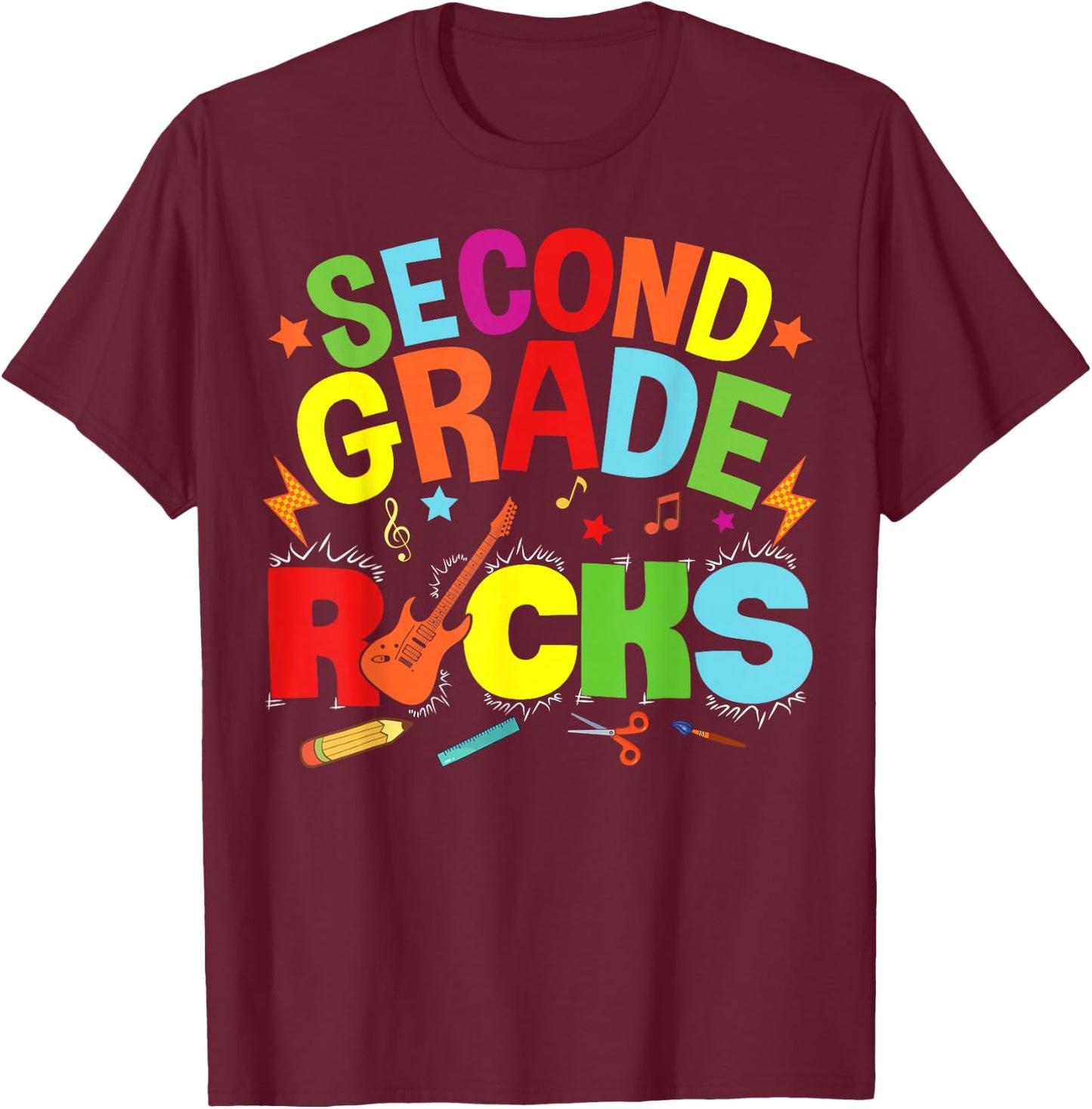 Hello 2nd Grade Rocks Teacher Team Vibes Rockstar T-Shirt - T-Shirt | Maroon