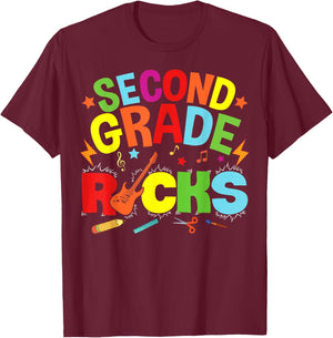 Hello 2nd Grade Rocks Teacher Team Vibes Rockstar T-Shirt - T-Shirt | Maroon