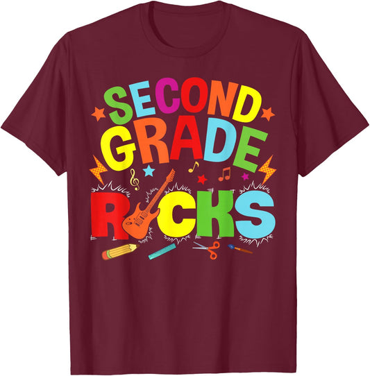 Hello 2nd Grade Rocks Teacher Team Vibes Rockstar T-Shirt - T-Shirt | Maroon