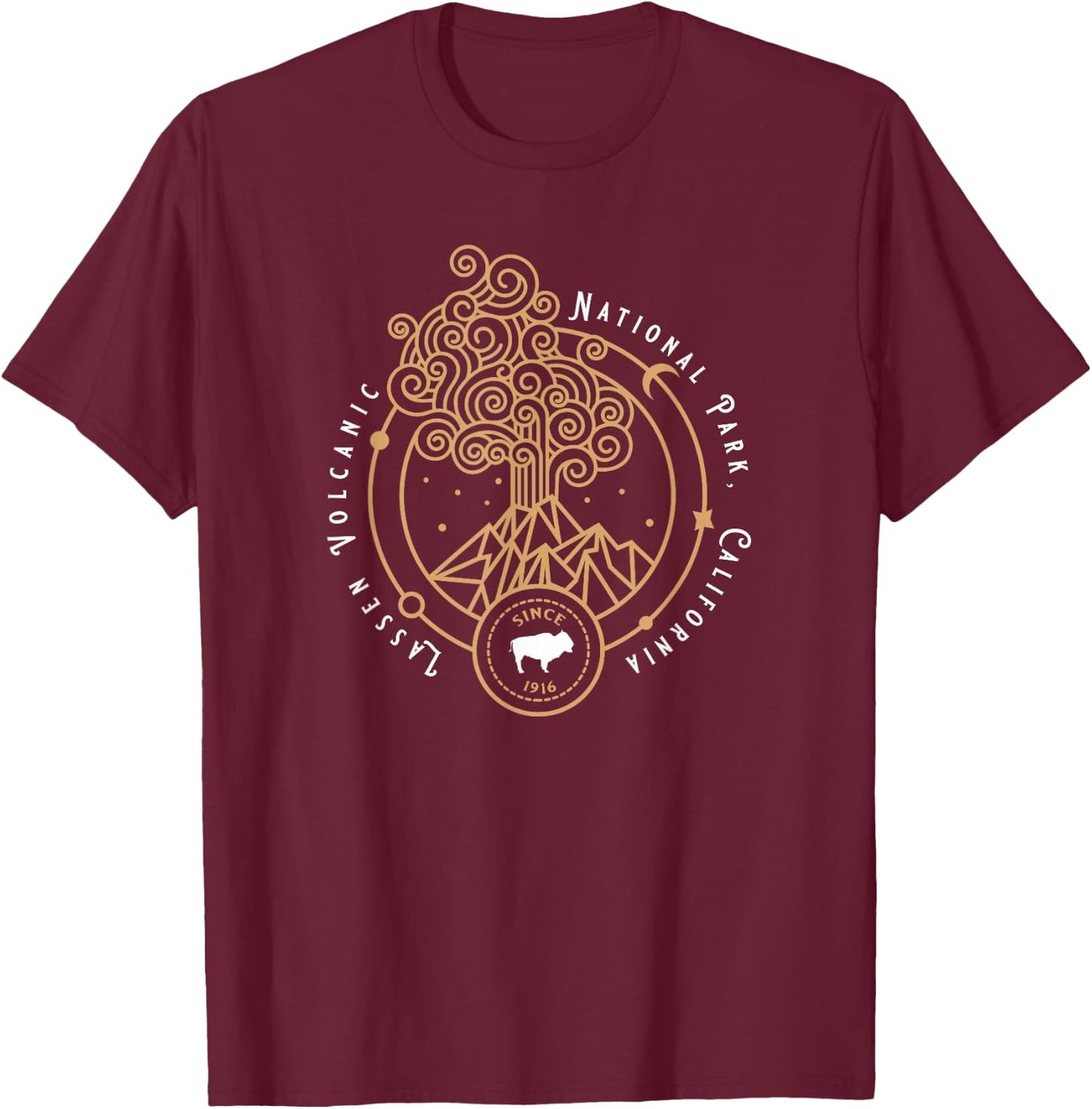 Lassen Volcanic National Park Art Bison Volcano Mountain T-Shirt - T-Shirt | Maroon
