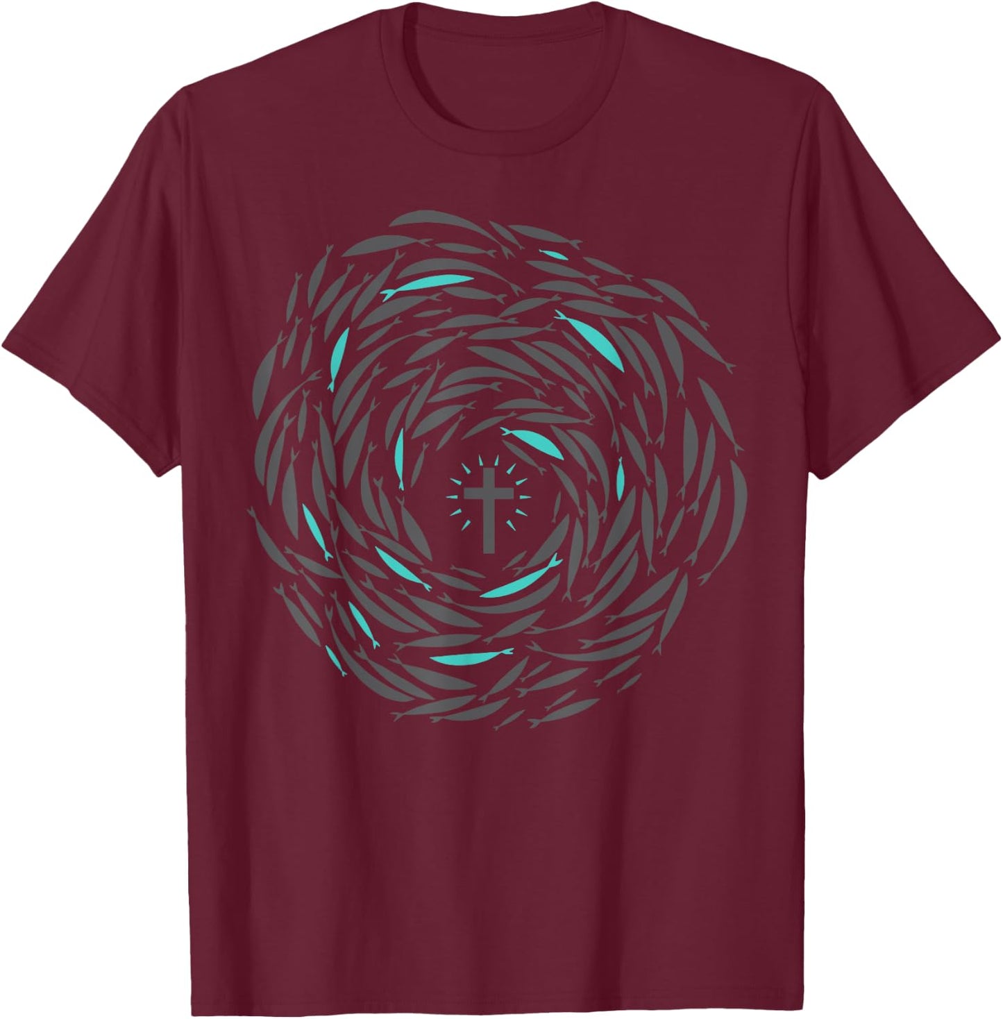 Christian Fish Swim With Cross Jesus Religious Apparel T-Shirt - T-Shirt | Maroon