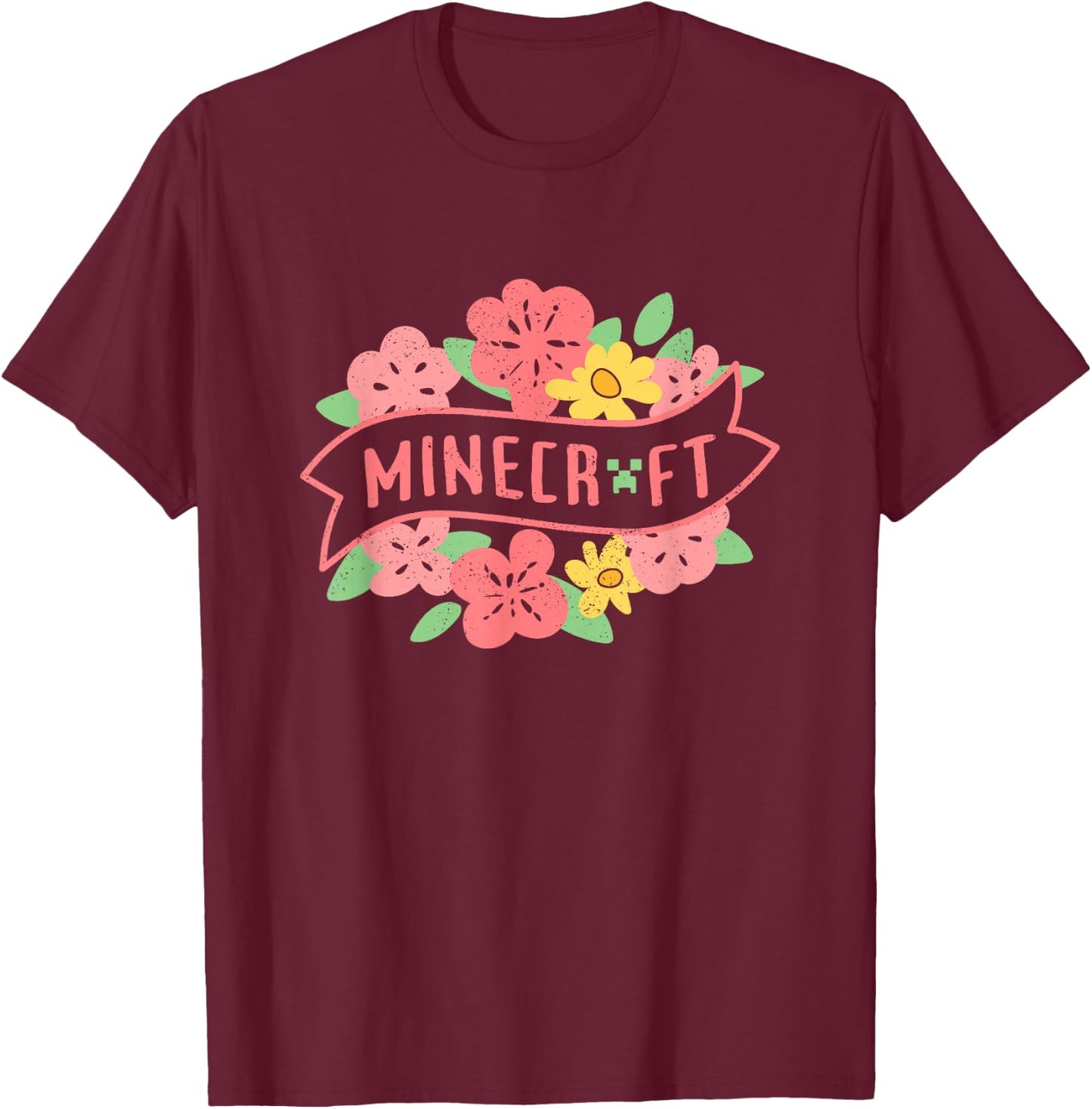 Minecraft Spring Floral Pastel Logo T-Shirt - T-Shirt | Maroon