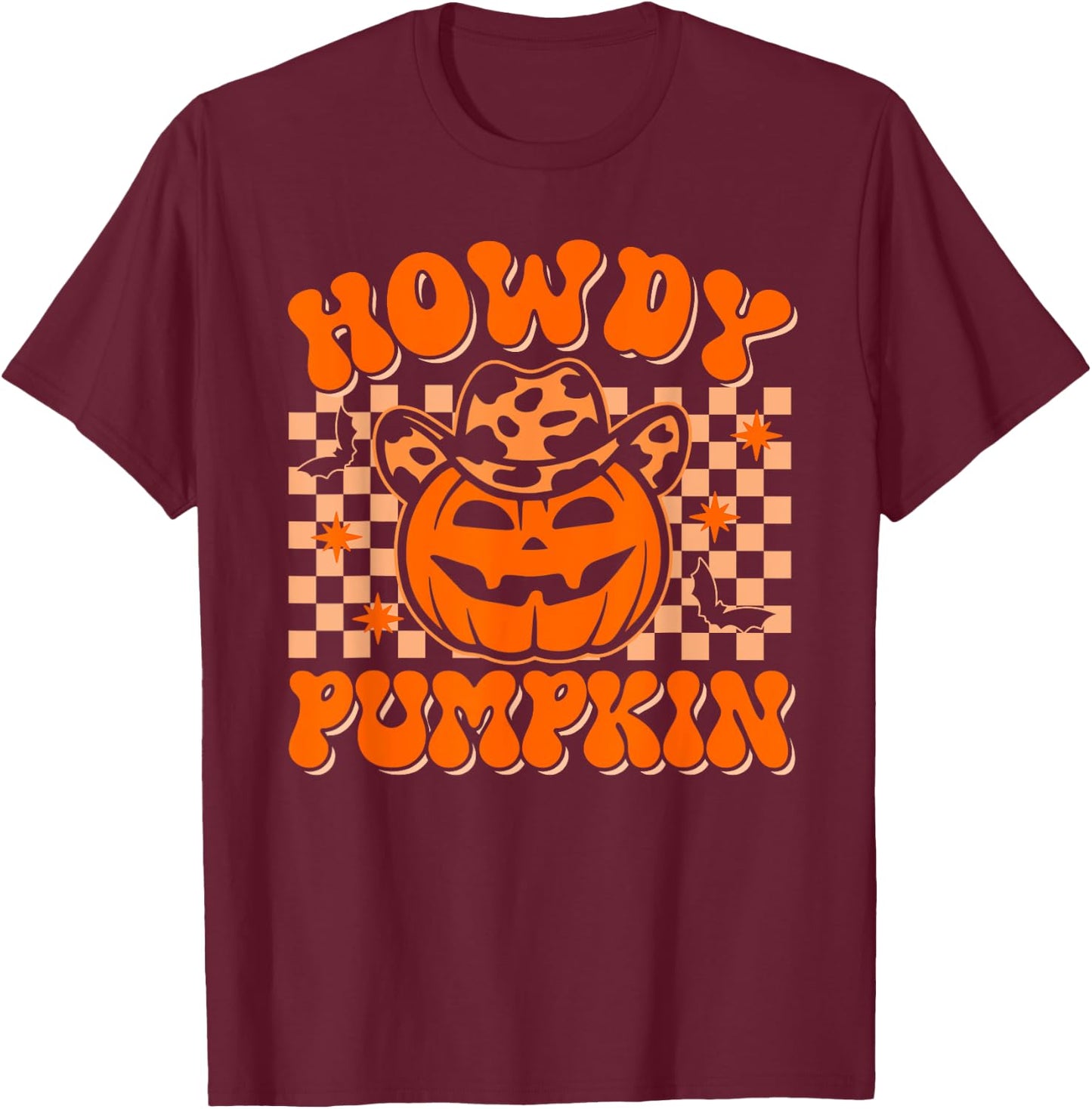 Howdy Pumpkin Groovy Western Halloween Vintage Rodeo Cowgirl T-Shirt - T-Shirt | Maroon