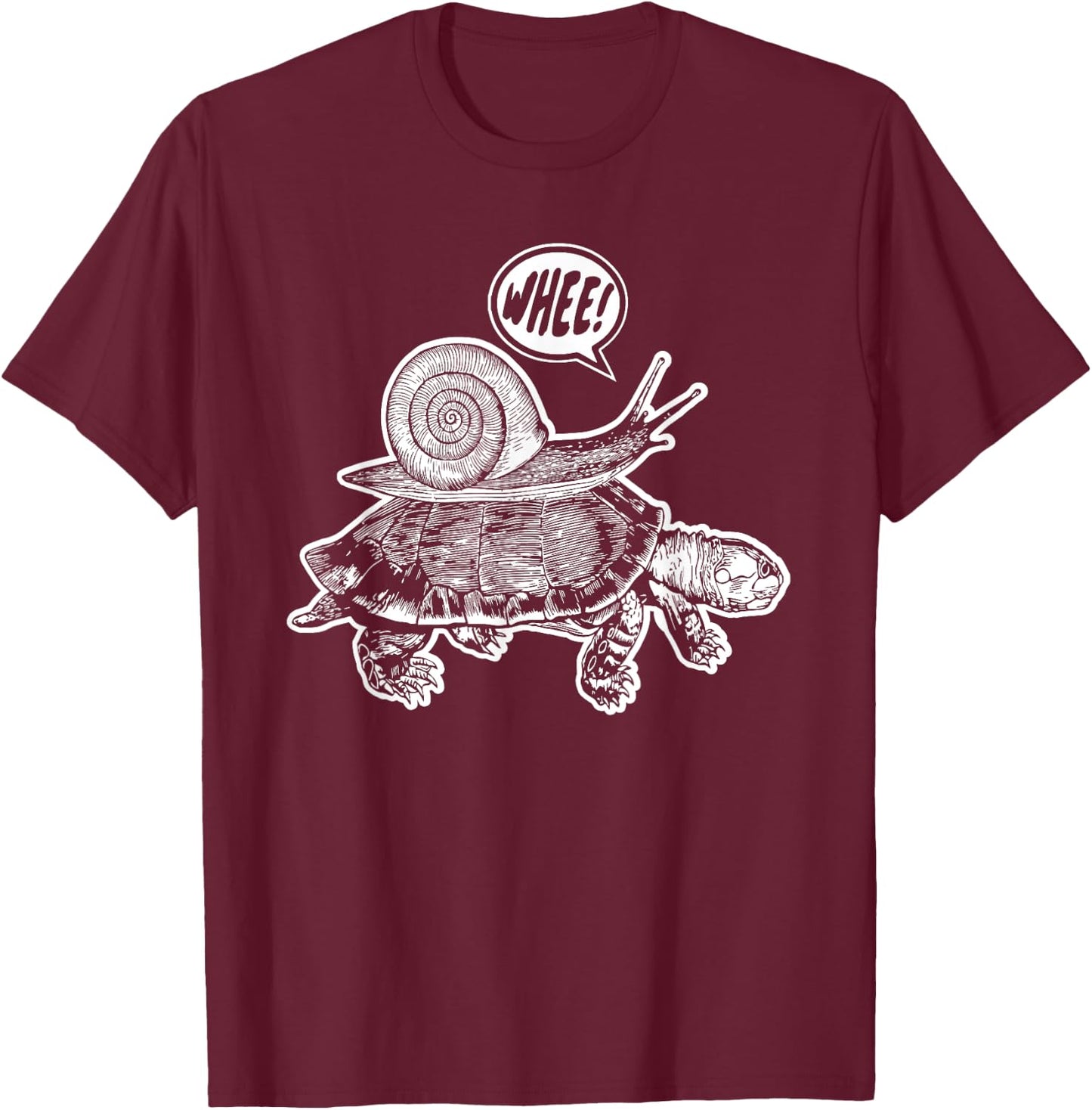 Snail riding turtle says whee! joke funny T-Shirt - T-Shirt | Maroon