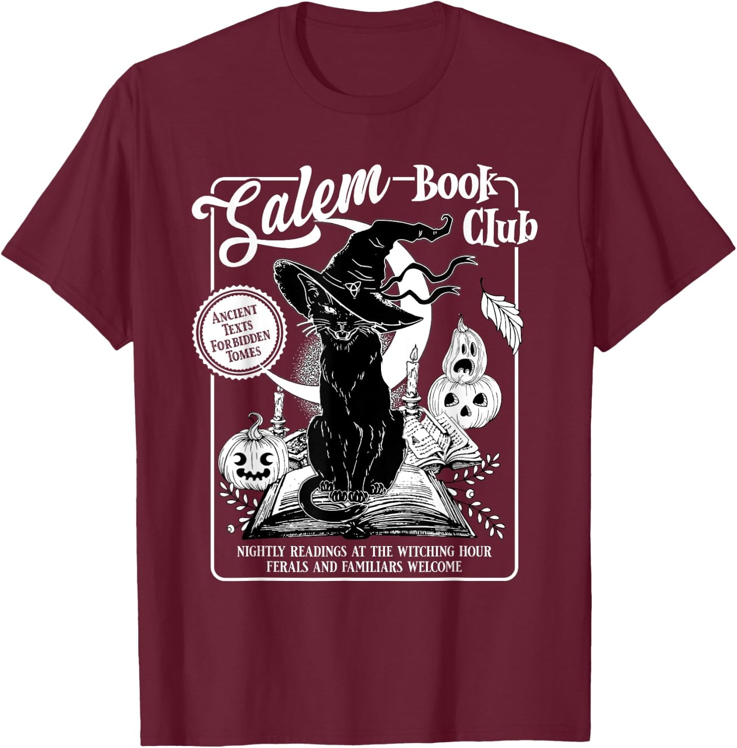 Salem Witch Book Club Bookish Retro Halloween Black Cat Men Women Kids T-Shirt - T-Shirt | Maroon