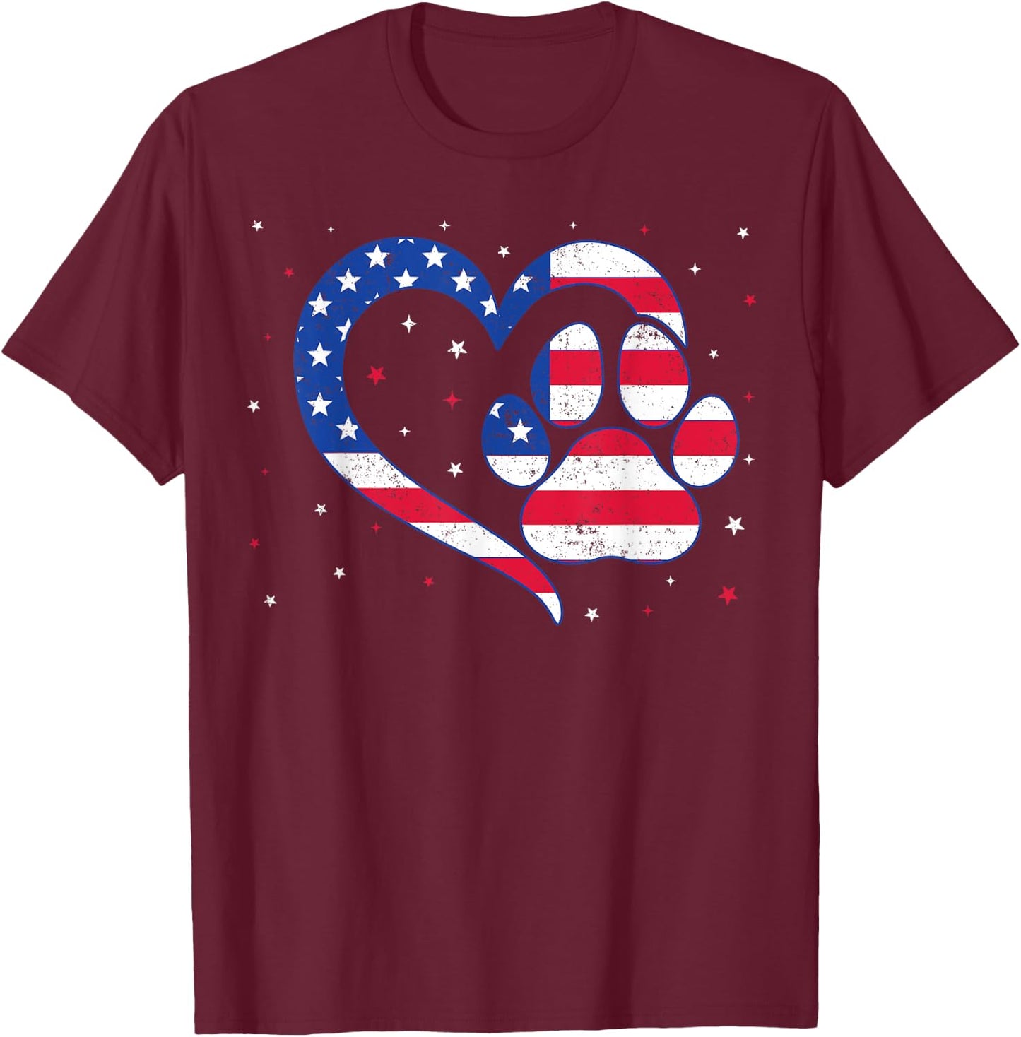 Cat & Dog Paw Heart American Flag Patriotic USA 4th Of July T-Shirt - T-Shirt | Maroon