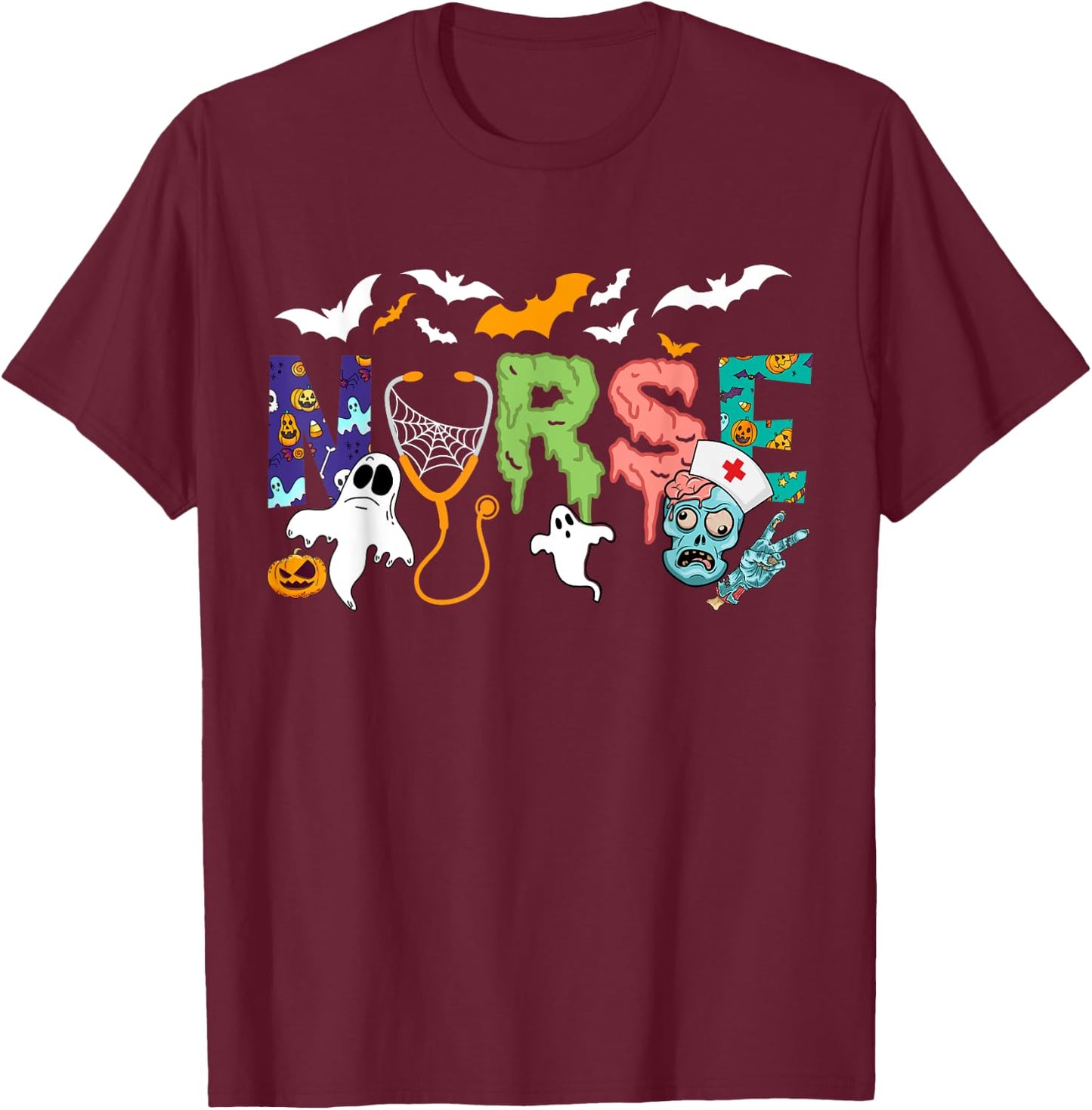 Cute Halloween Nurse Nursing Zombie Halloween Pattern T-Shirt - T-Shirt | Maroon