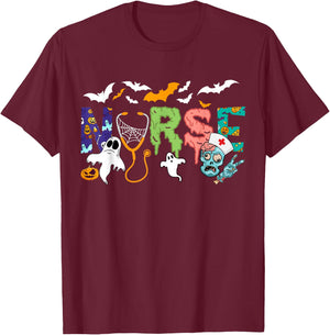 Cute Halloween Nurse Nursing Zombie Halloween Pattern T-Shirt - T-Shirt | Maroon
