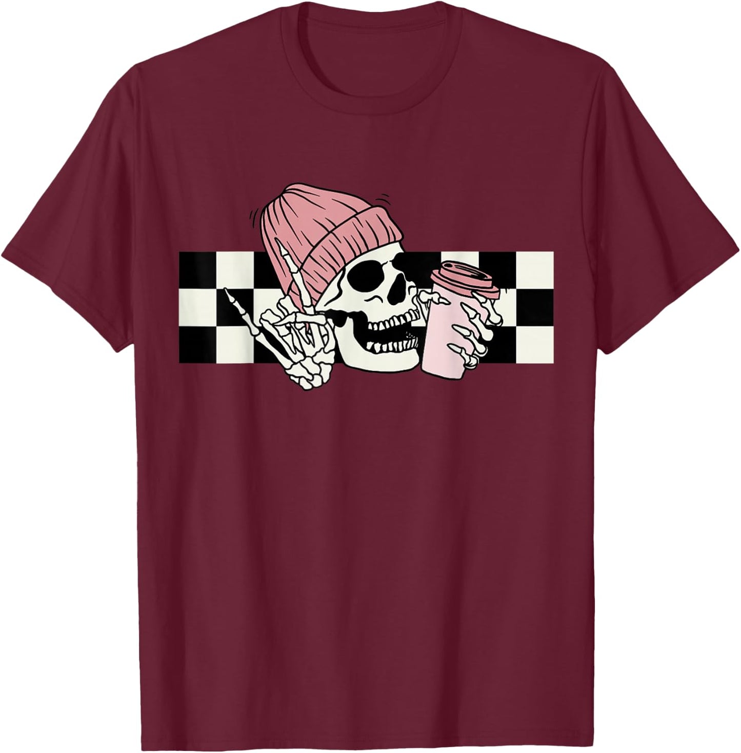 Skeleton Peace Sign Coffee Checkerboard T-Shirt - T-Shirt | Maroon